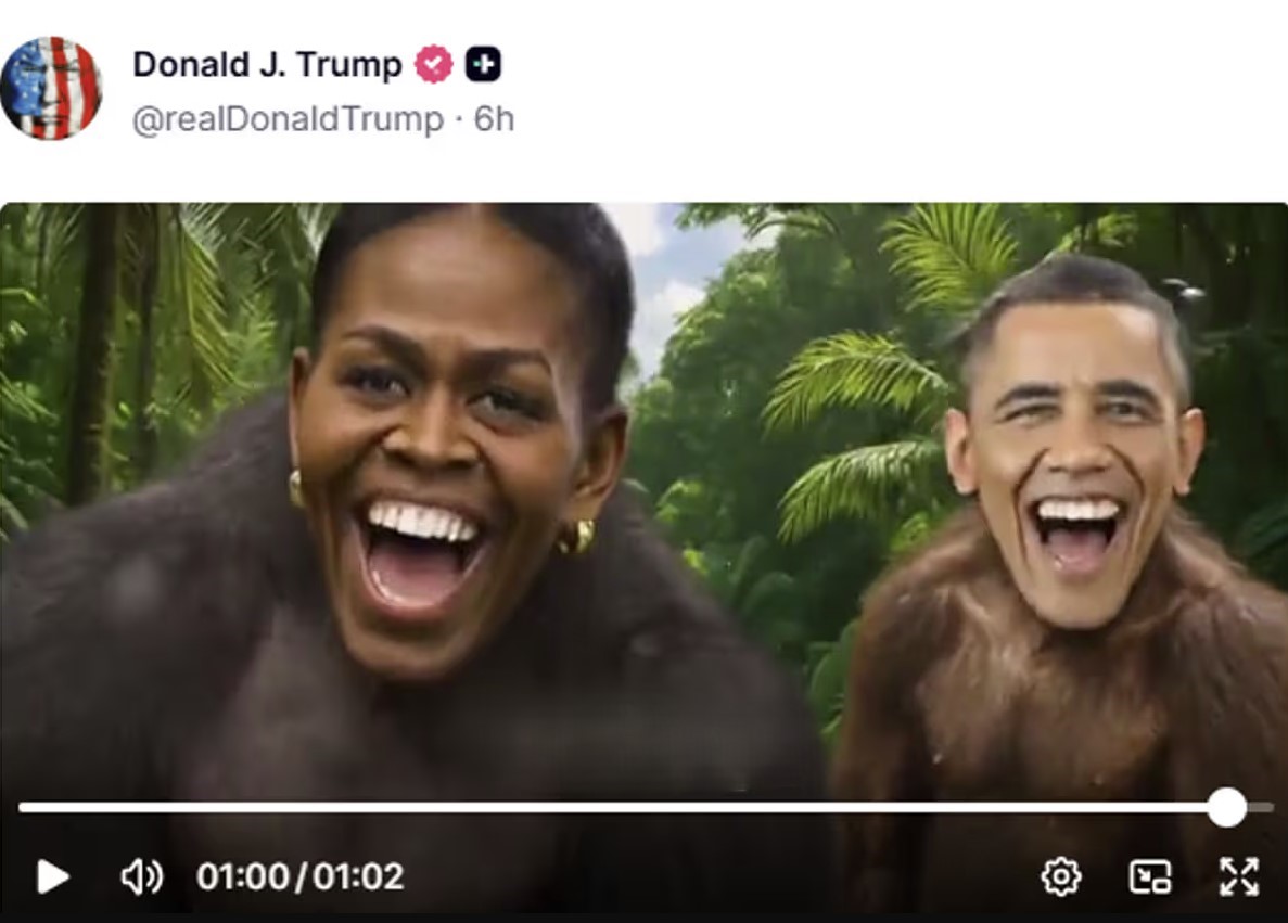 கடும் எதிர்ப்புகளுக்குப் பிறகு ஒபாமாக்களின் இனவெறி வீடியோவை டிரம்ப் நீக்குகிறார்