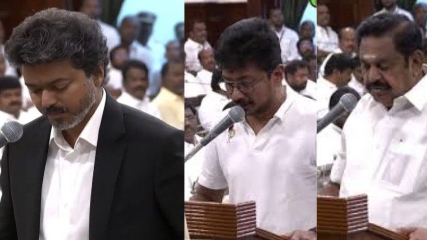 தமிழக சட்டமன்றத்தில் எம்எல்ஏவாக முதல்வர் விஜய், உதயநிதி, எடப்பாடி பழனிசாமி ஆகியோர் பதவியேற்று கொண்டனர்.